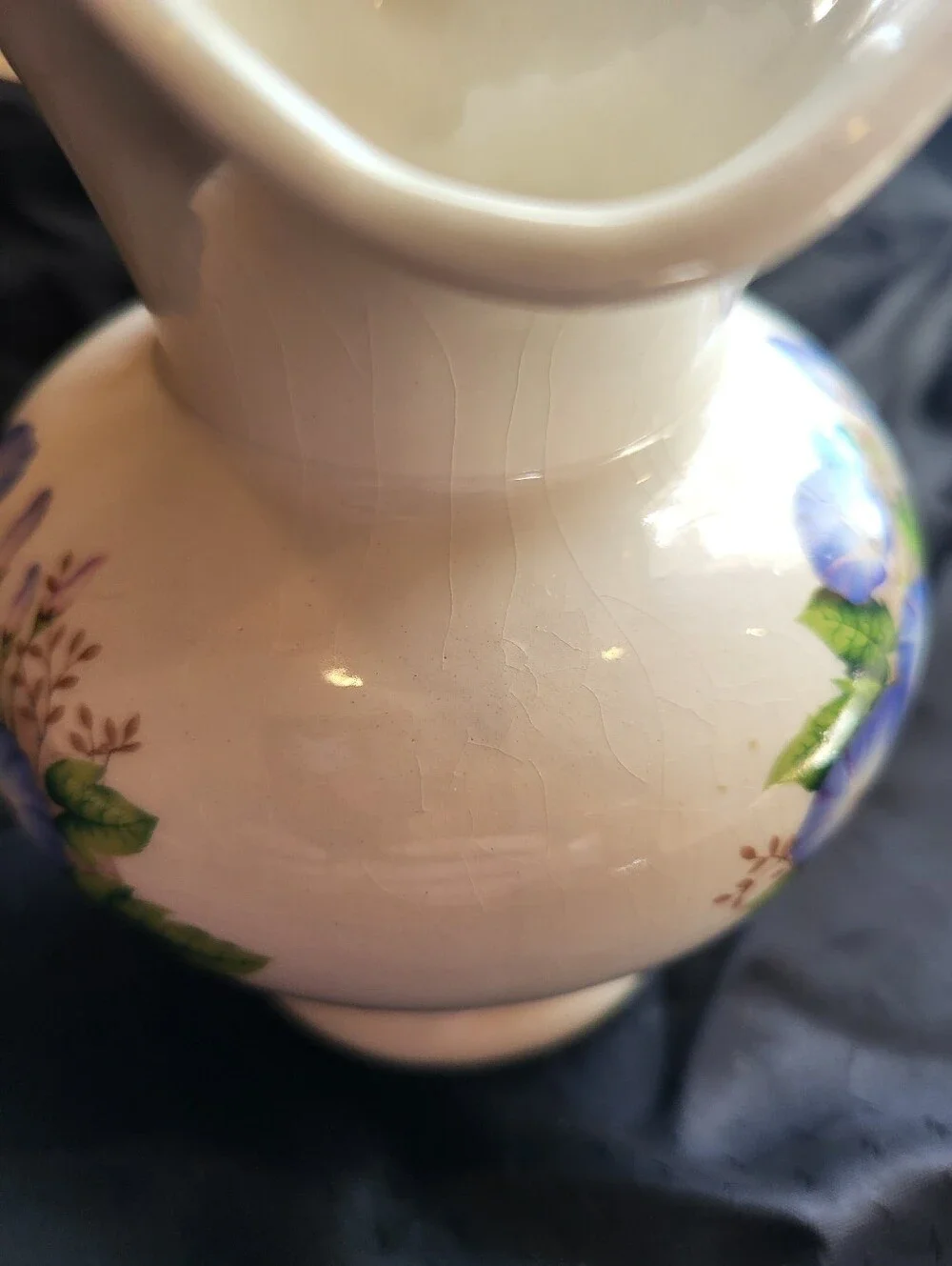 White Ceramic Floral 5.5 x 6 In Pitcher with Blue / Purple Morning Glory Design